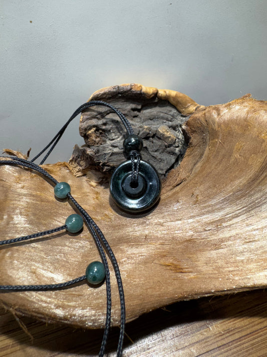 Guatemalan Avocado Jadeite Bi-Disc Pendant with Handmade Accent Beads – Adjustable Cord