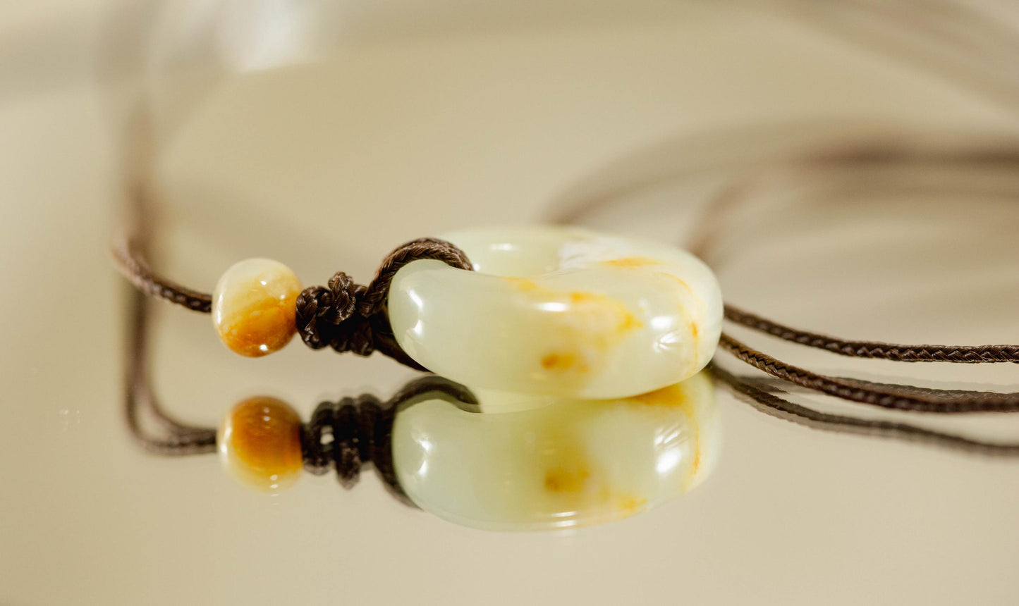 White and Yellow Jade Bi Disk Pendant Handcarved from Siberian Jade on Paracord with Four Siberian Accent Beads