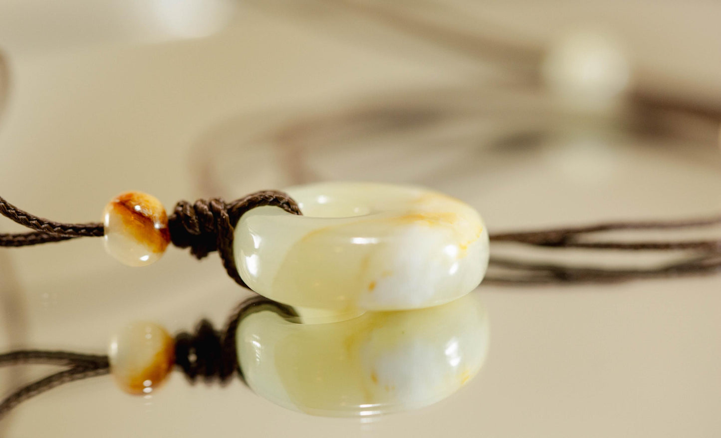 White and Yellow Jade Bi Disk Pendant Handcarved from Siberian Jade on Paracord with Four Siberian Accent Beads