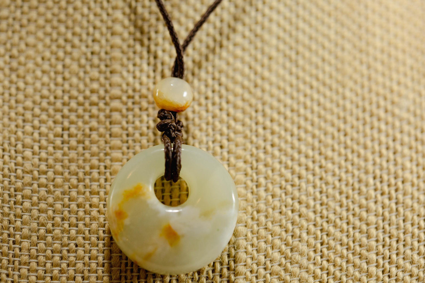 White and Yellow Jade Bi Disk Pendant Handcarved from Siberian Jade on Paracord with Four Siberian Accent Beads