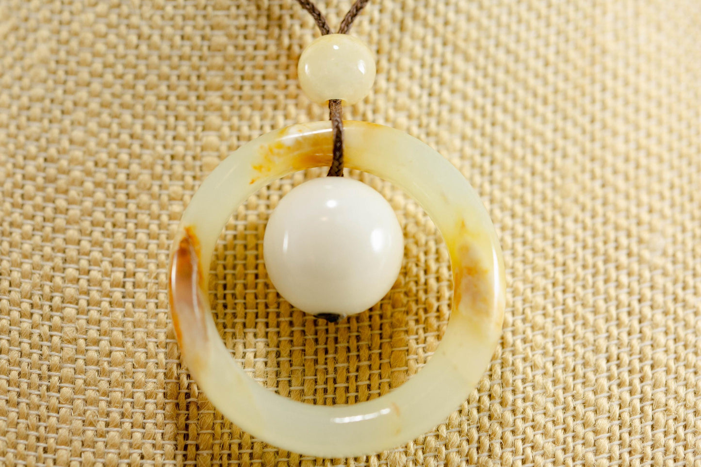 White and Yellow Jade Ring and Sphere Pendant Handcarved from Siberian Jade on Paracord with Four Siberian Accent Beads