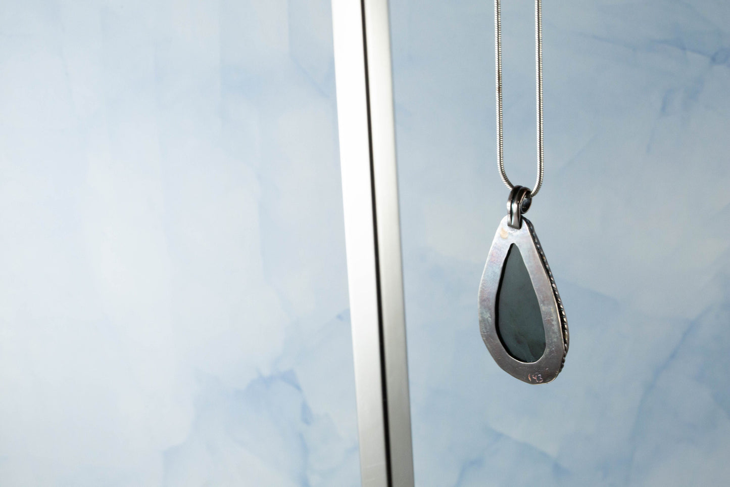 Blue-Green Jade Cabochon Handcrafted from Big Sur Jade on 20inch Silver Rope (28x50mm)
