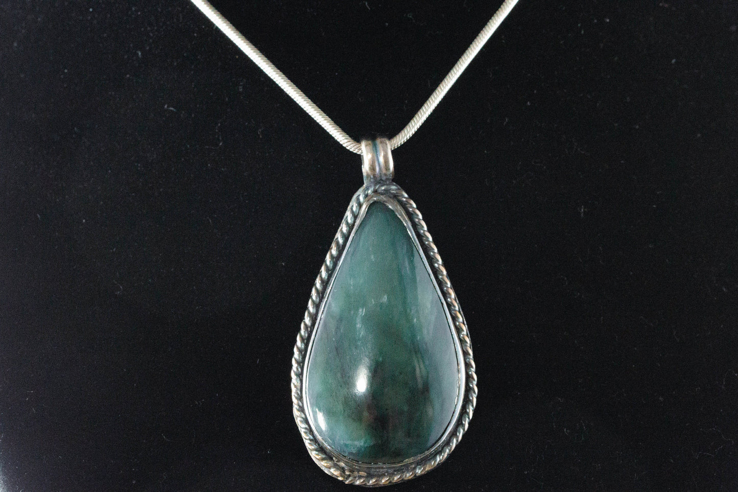 Blue-Green Jade Cabochon Handcrafted from Big Sur Jade on 20inch Silver Rope (28x50mm)