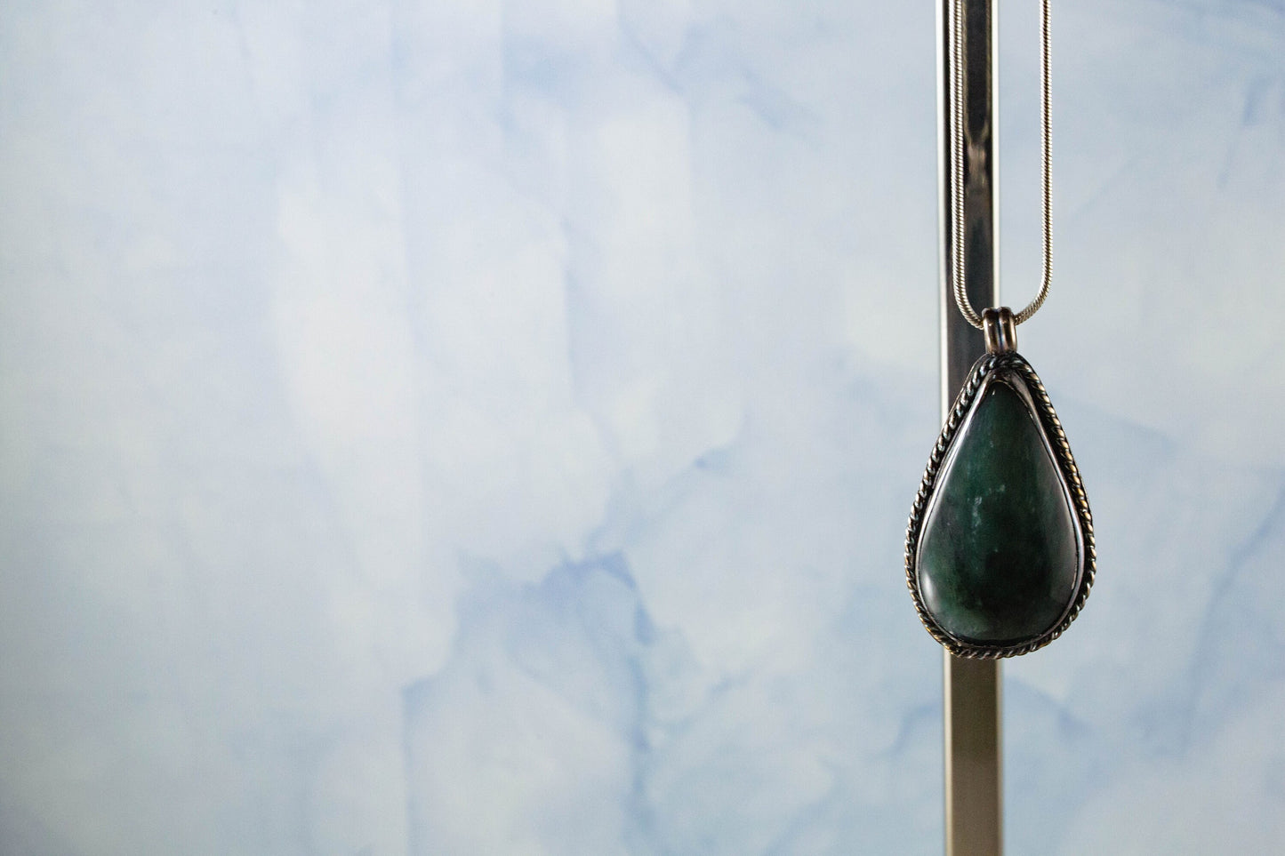 Blue-Green Jade Cabochon Handcrafted from Big Sur Jade on 20inch Silver Rope (28x50mm)