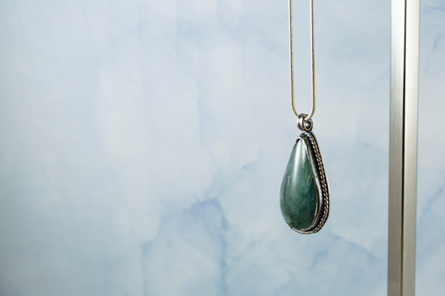Blue-Green Jade Cabochon Handcrafted from Big Sur Jade on 20inch Silver Rope (28x50mm)