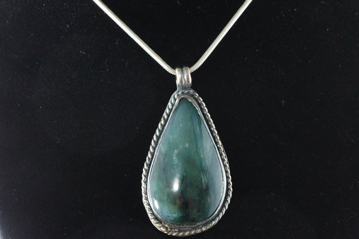 Blue-Green Jade Cabochon Handcrafted from Big Sur Jade on 20inch Silver Rope (28x50mm)
