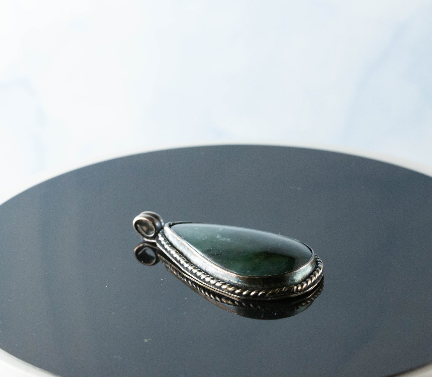 Blue-Green Jade Cabochon Handcrafted from Big Sur Jade on 20inch Silver Rope (28x50mm)