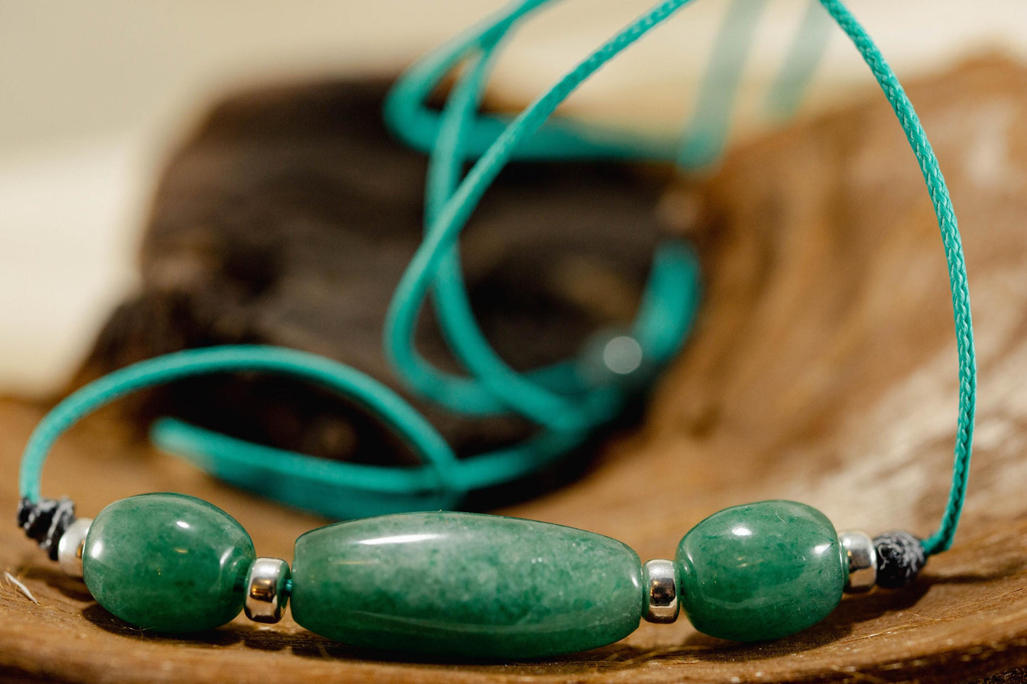 Blue Green Three Bead Pendant Handcarved from Apatite Stone. Strung on Paracord With Silver Spacers.