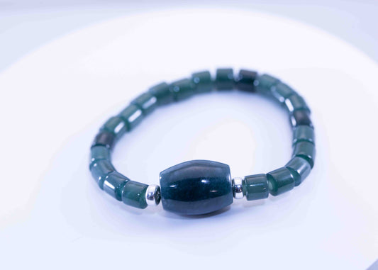 Guatemalan Imperial Green Focal Bead Bracelet with Accent Tube Beads & Silver Rondelle Spacers