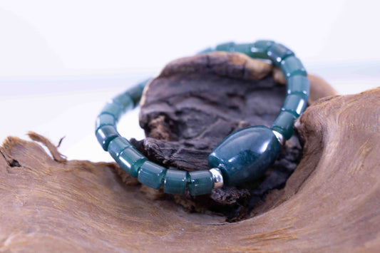 Guatemalan Imperial Green Focal Bead Bracelet with Accent Tube Beads & Silver Rondelle Spacers