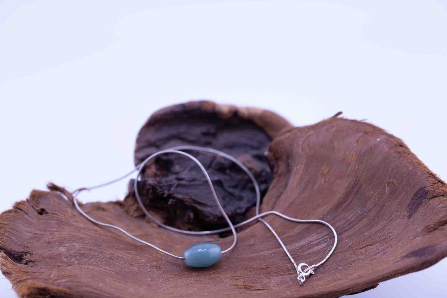 Guatemalan Blue Jade Necklace – Barrel Bead Pendant – Sterling Silver Rope Chain