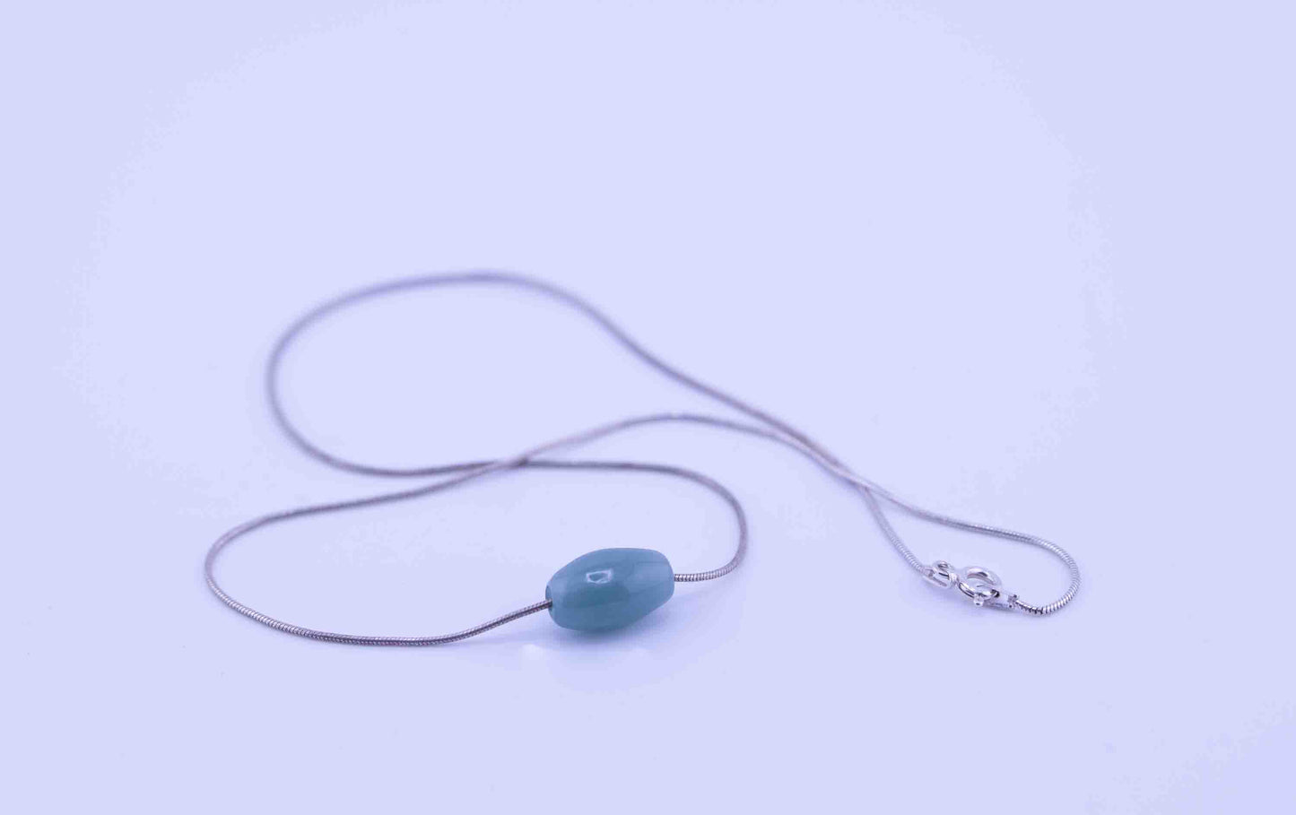 Guatemalan Blue Jade Necklace – Barrel Bead Pendant – Sterling Silver Rope Chain