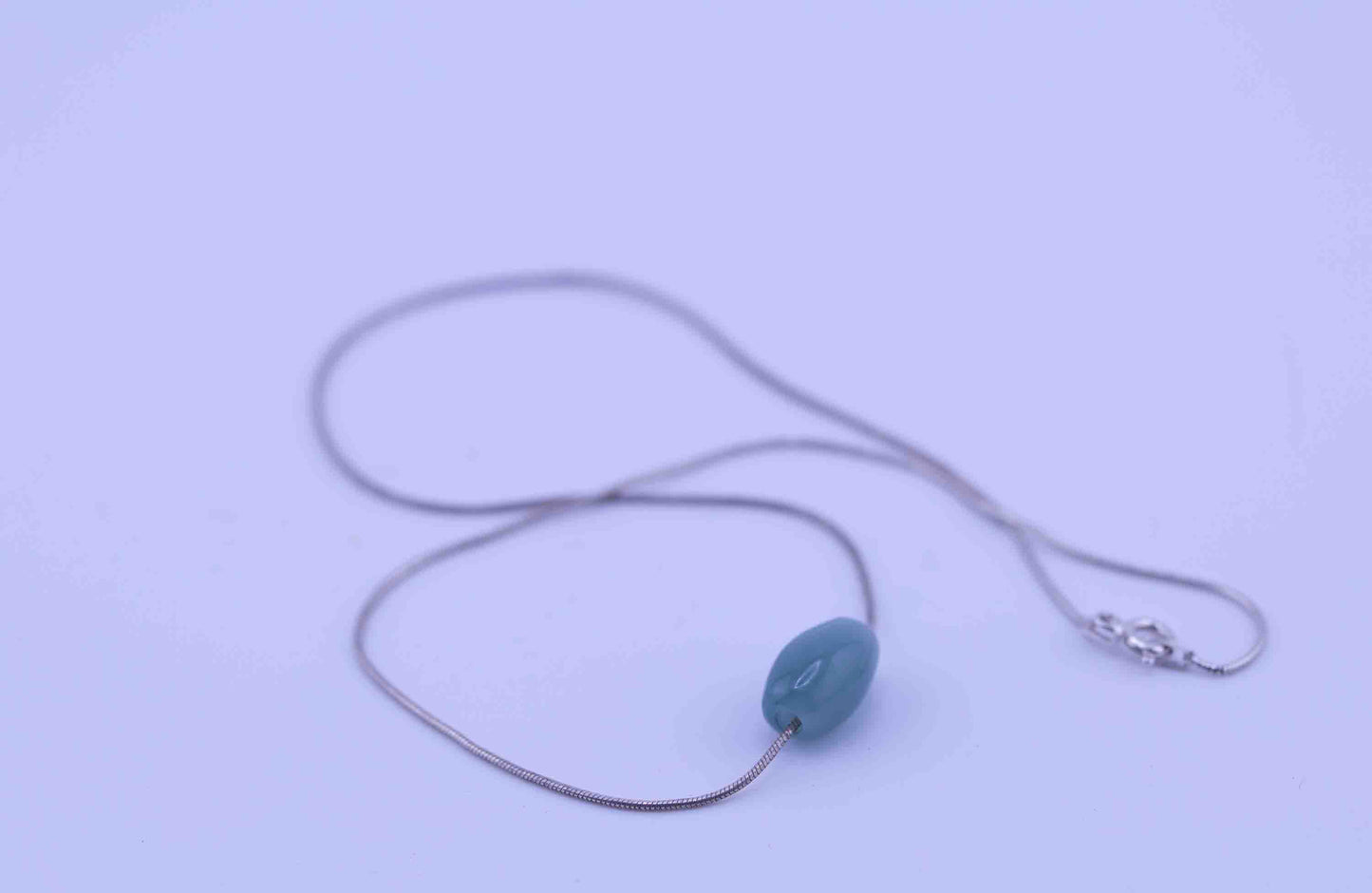 Guatemalan Blue Jade Necklace – Barrel Bead Pendant – Sterling Silver Rope Chain