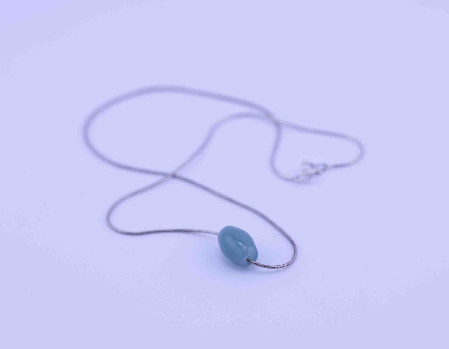 Guatemalan Blue Jade Necklace – Barrel Bead Pendant – Sterling Silver Rope Chain