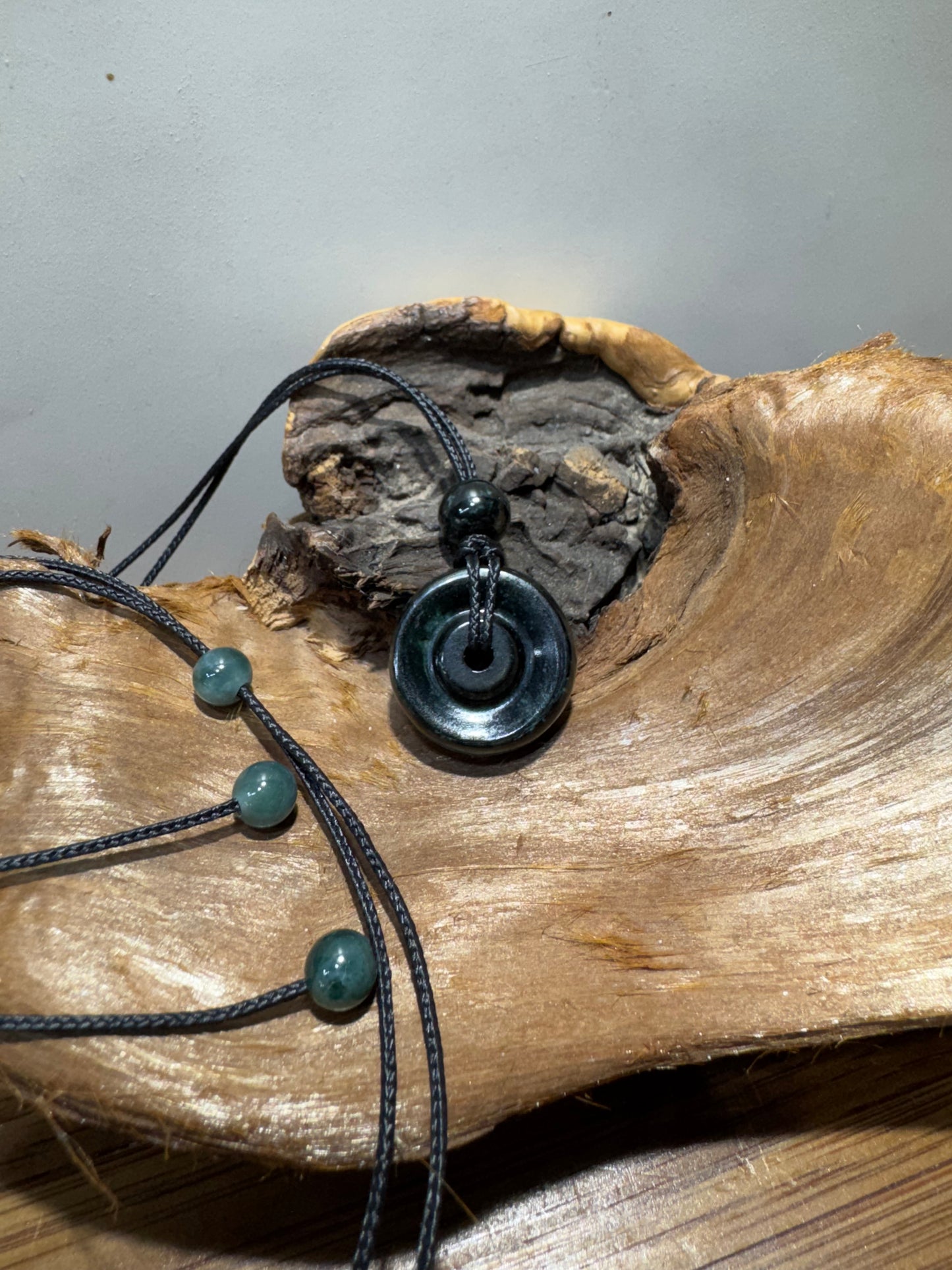 Guatemalan Avocado Jadeite Bi-Disc Pendant with Handmade Accent Beads – Adjustable Cord