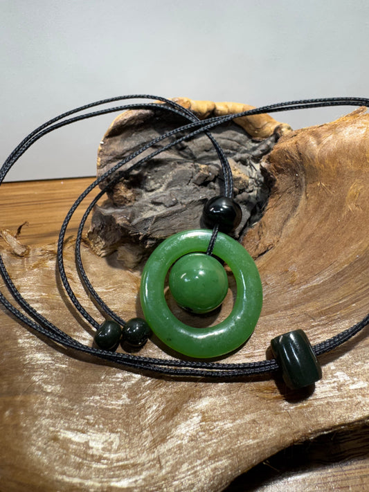 Wyoming Apple Jade Sculptural Pendant – Hand Carved Bi-Disc & Sphere Necklace