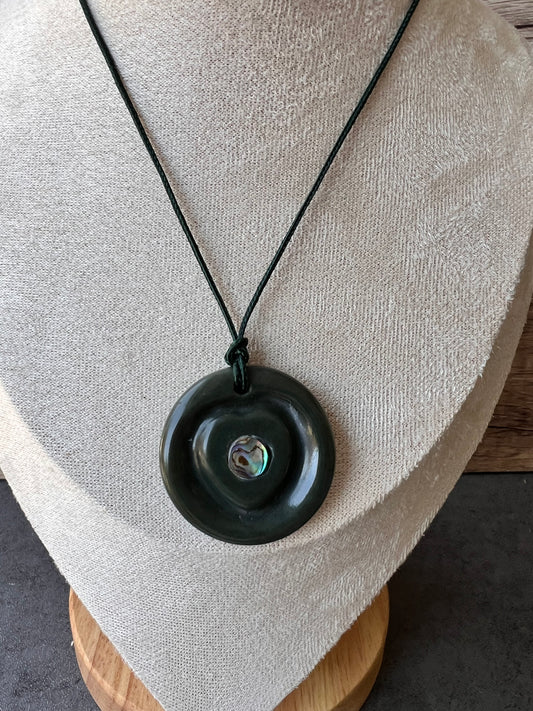 Wyoming Olive Green Jade Disc with Abalone Inlay Heart
