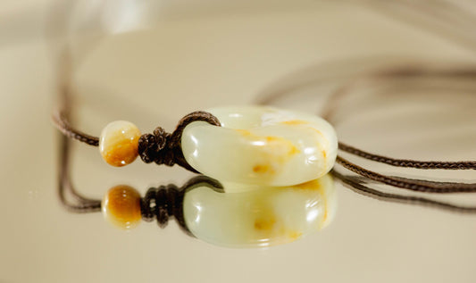 White and Yellow Jade Bi Disk Pendant Handcarved from Siberian Jade on Paracord with Four Siberian Accent Beads