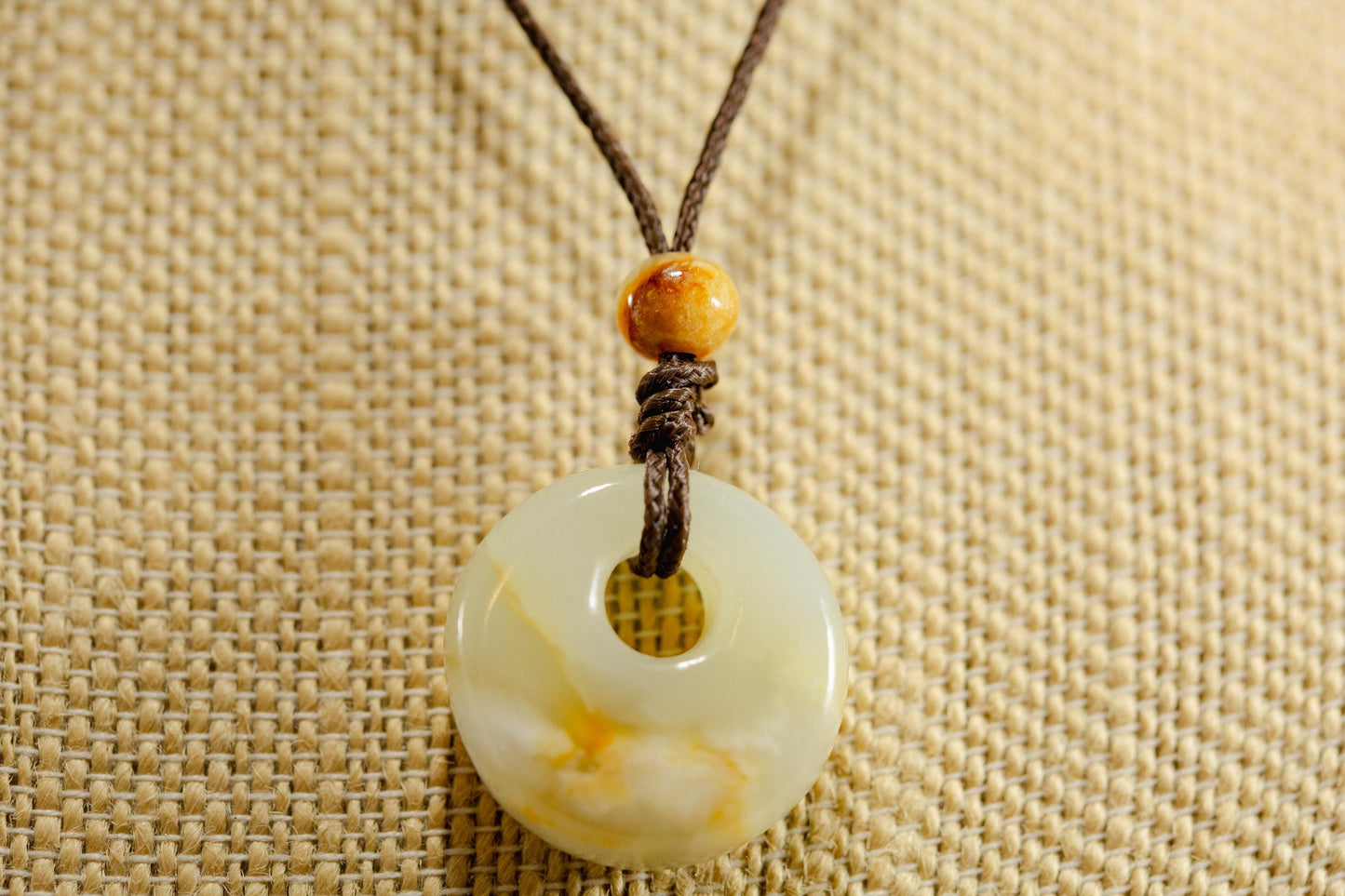 White and Yellow Jade Bi Disk Pendant Handcarved from Siberian Jade on Paracord with Four Siberian Accent Beads