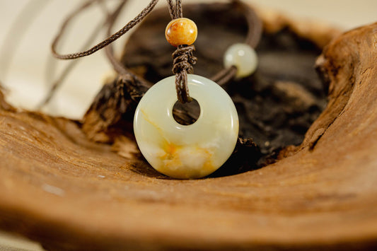 White and Yellow Jade Bi Disk Pendant Handcarved from Siberian Jade on Paracord with Four Siberian Accent Beads